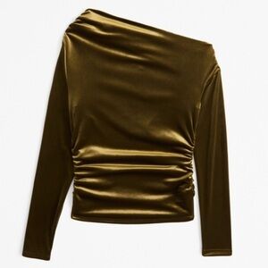 Abercrombie & Fitch XS GOLD/Green Asymmetrical Shoulder Ruched Long Sleeve Top